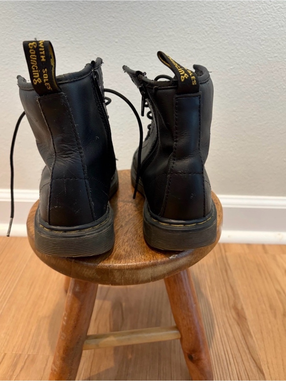 5/$20 Dr. Martens Black Leather Lace-Up Kids Boots with Yellow Stitching - Picture 2 of 5